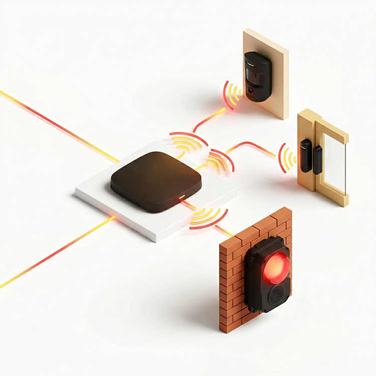 Isometrische Darstellung eines Ajax Sicherheitssystems mit Zentrale, Meldern und Sirene