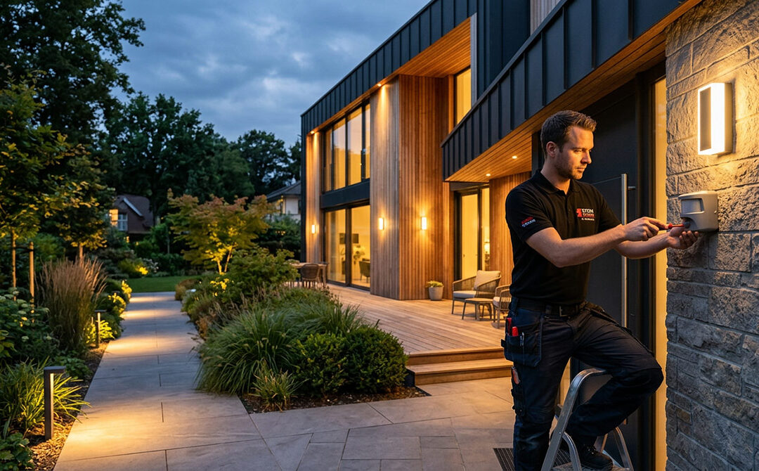 Elektriker installiert Sicherheitsbeleuchtung im Garten