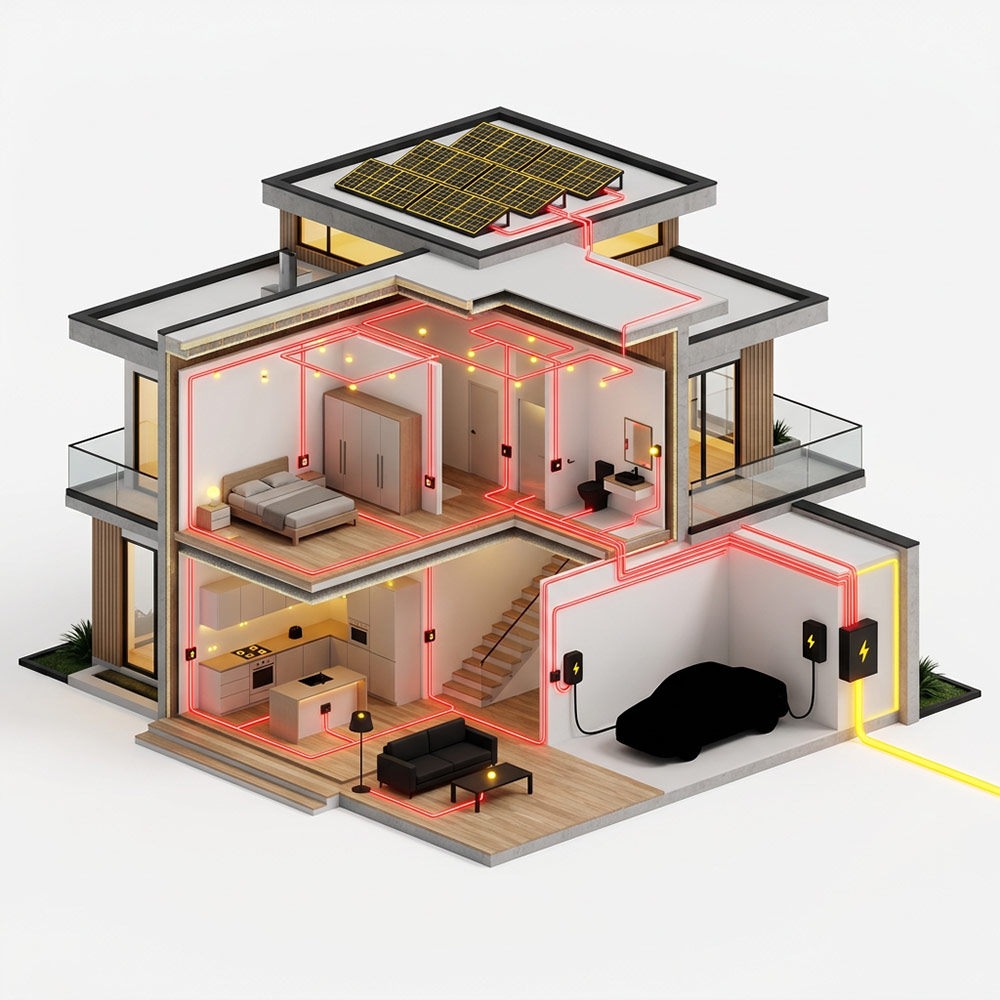 Isometrische 3D-Grafik eines Hauses mit sichtbaren Elektro-Leitungswegen und Smart-Home-Vernetzung