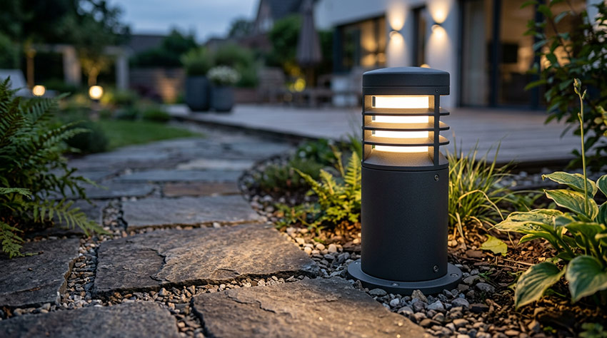 Professionell installierte LED-Pollerleuchte an einem Gartenweg