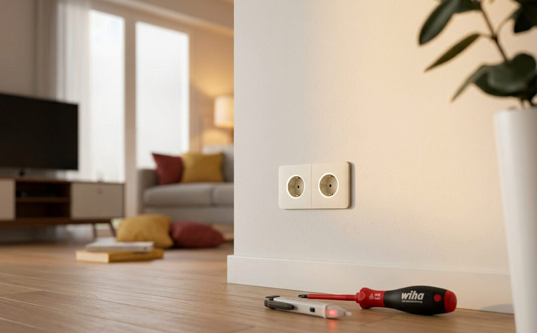 Detailaufnahme eines modernen Steckdosenmoduls im Wohnzimmer